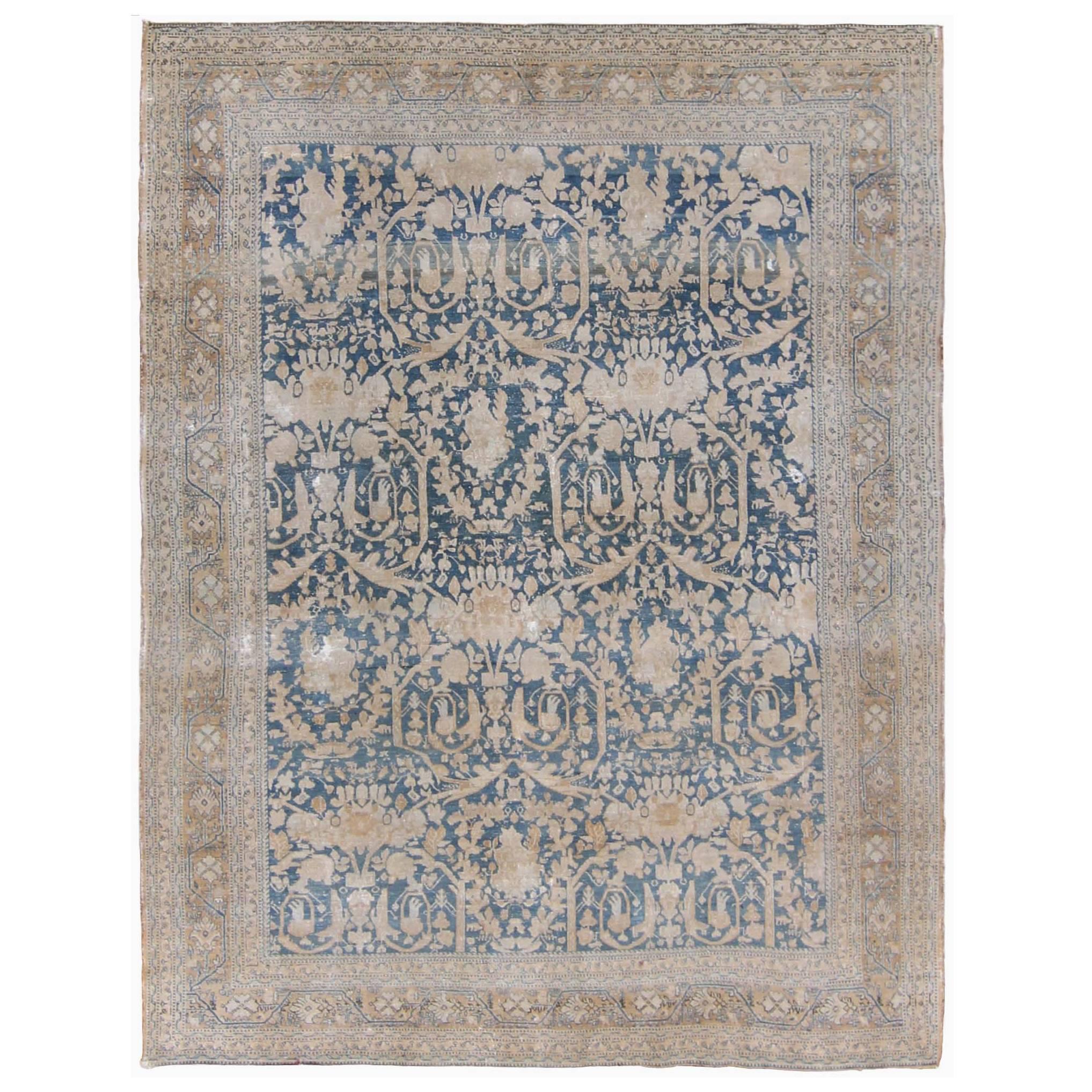 Blue and Ivory Antique Persian Tabriz Rug For Sale