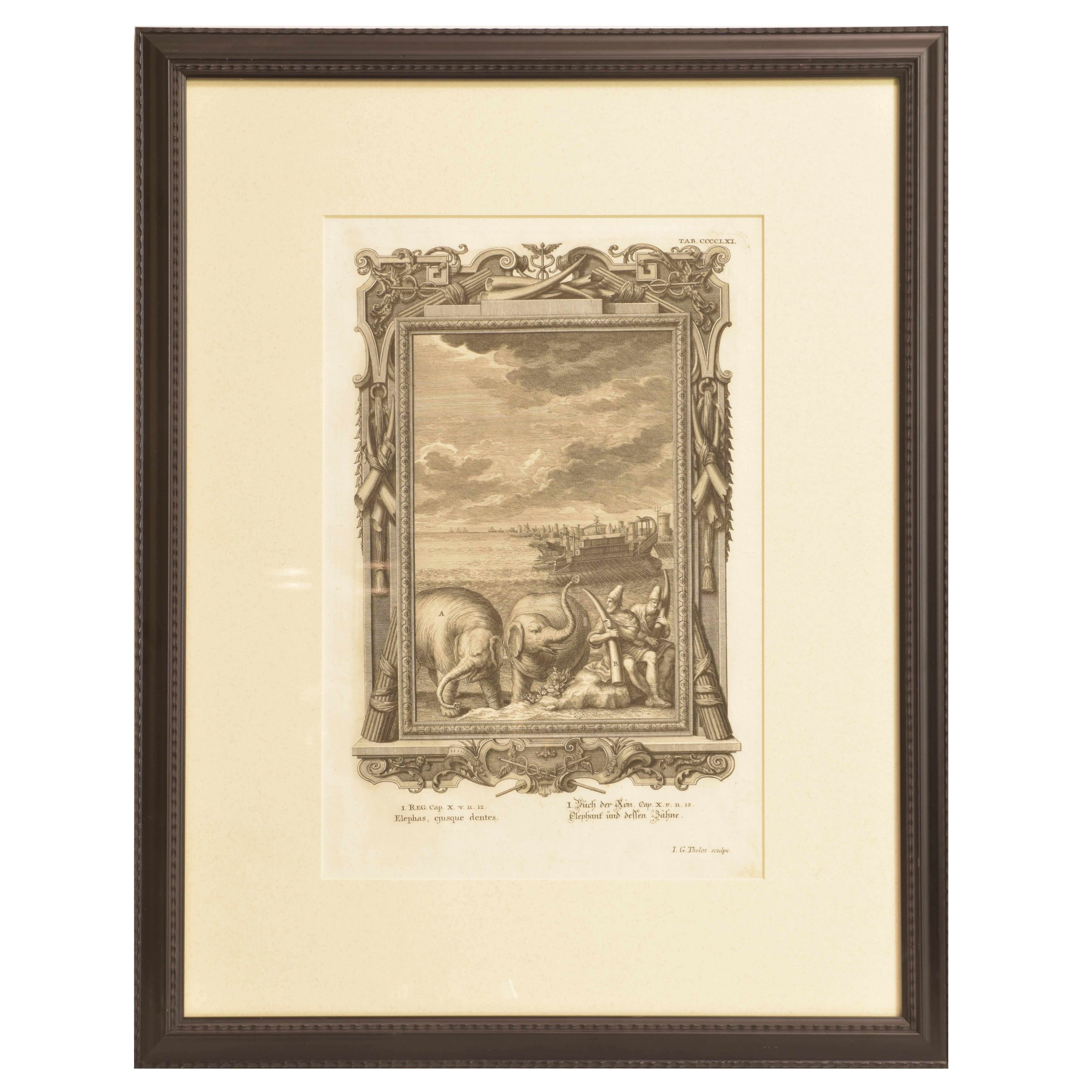 Copper Plate Engraving of a Pair of Elephants and Nautical Scene For Sale