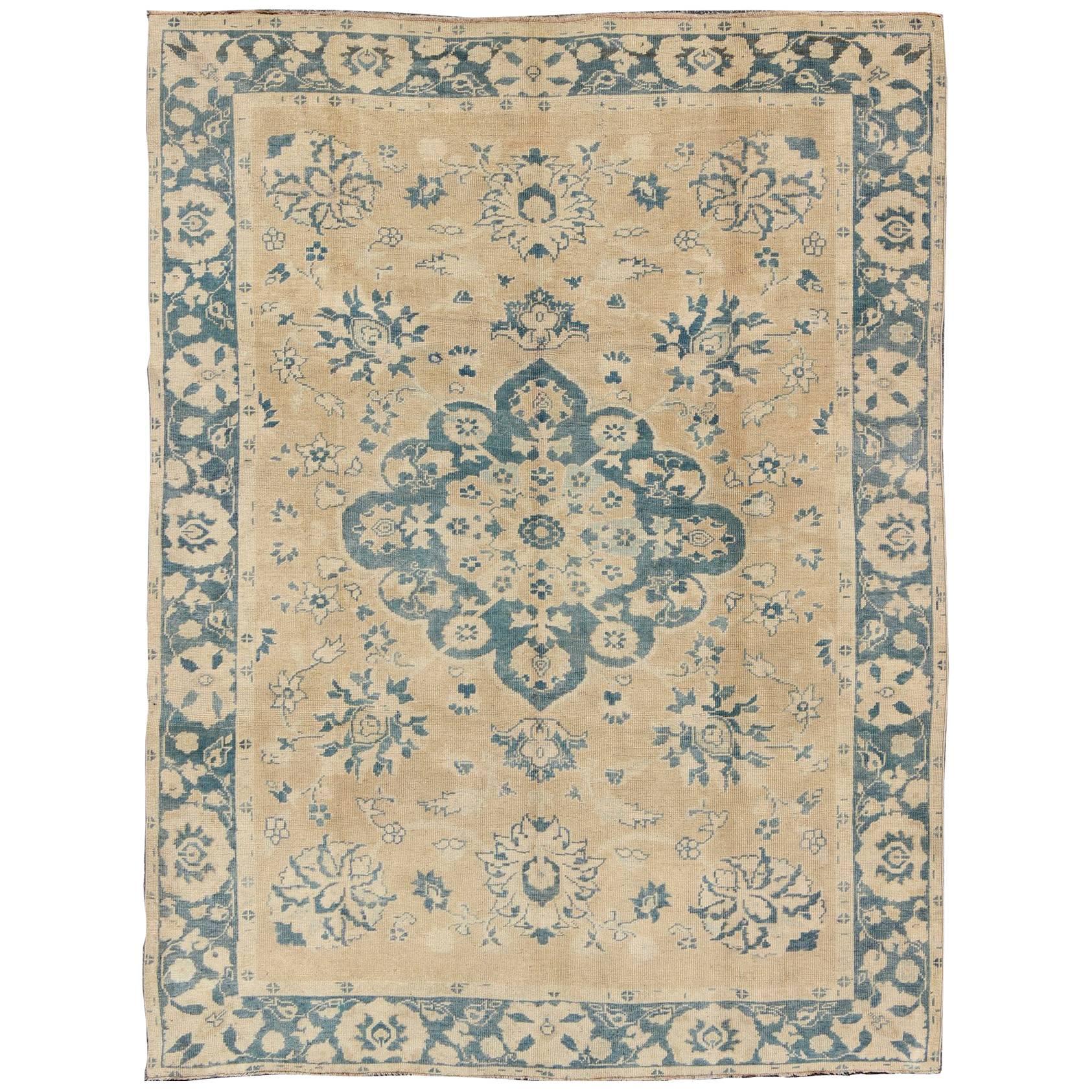 Vintage Turkish Oushak Rug in Cream and Blue