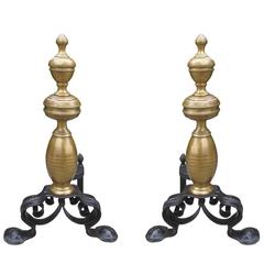 Pair of Late 19th-Early 20th Century English Bronze and Iron Andirons