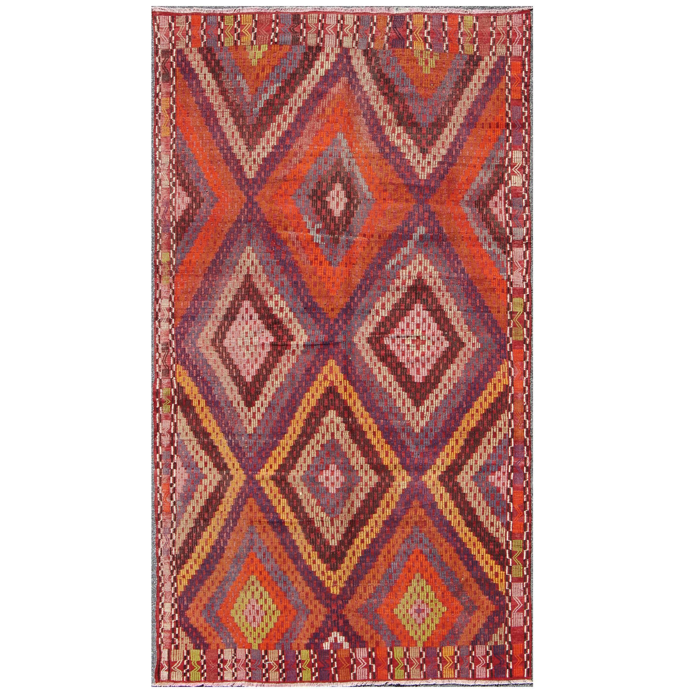 Magnificent Vintage Turkish Embroidered Kilim Rug in Purple and Orange