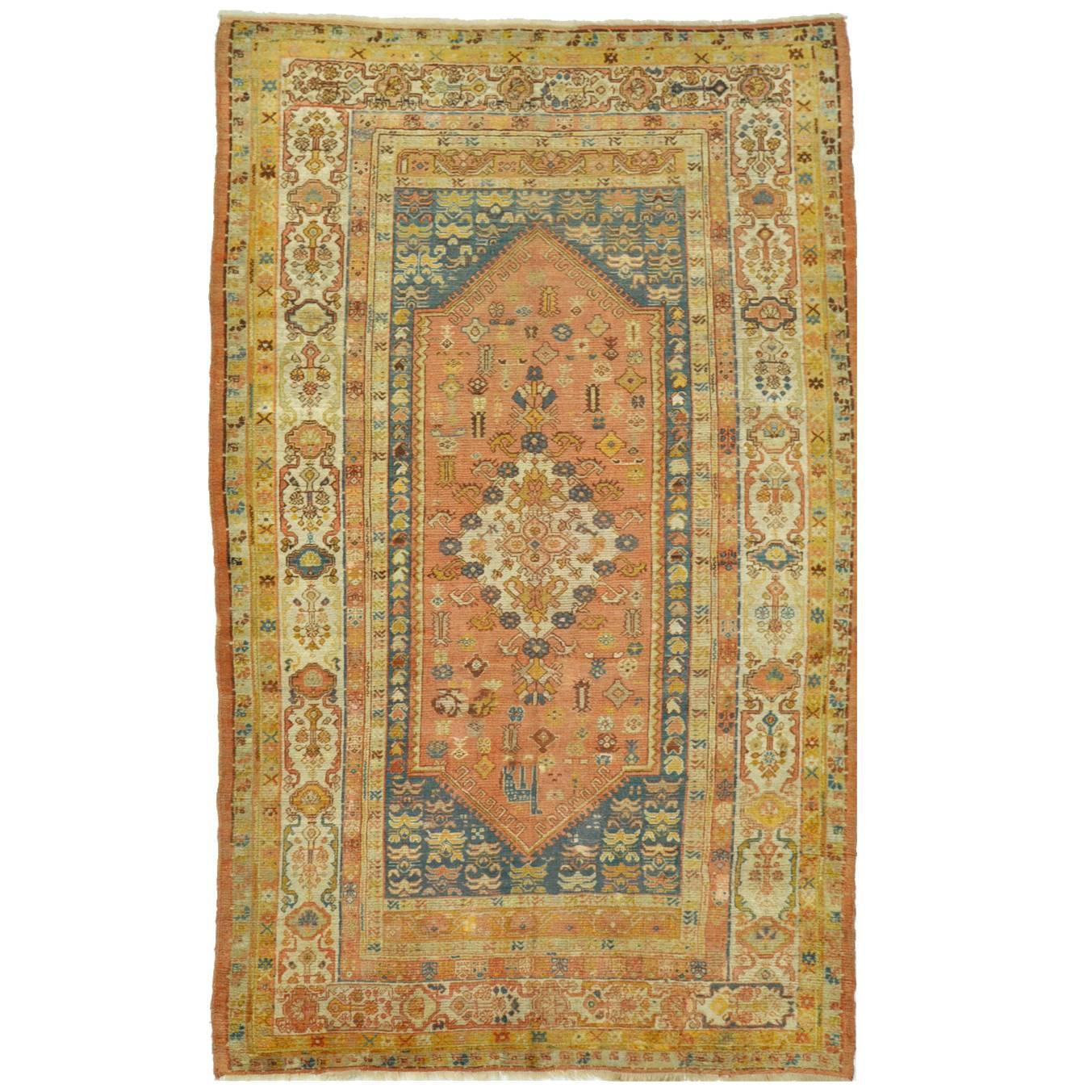 Antique Hand Knotted Angora Wool Turkish Oushak Rug For Sale