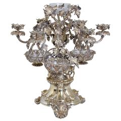 Monumental Silver Plate Epergne Candelabra Centerpiece with Hanging Baskets