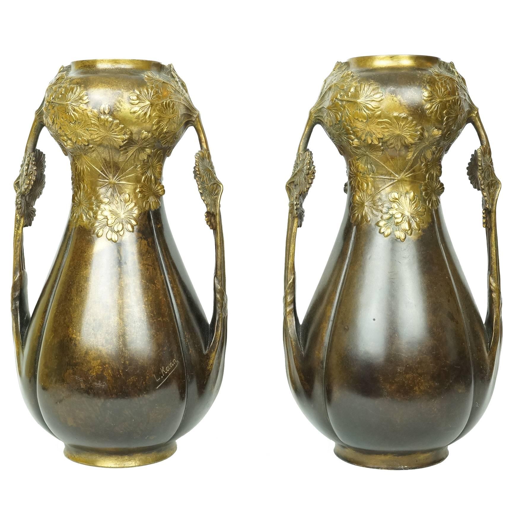 Beautiful Pair of Art Nouveau Bronze Vases with Floral Design Signed L Kann