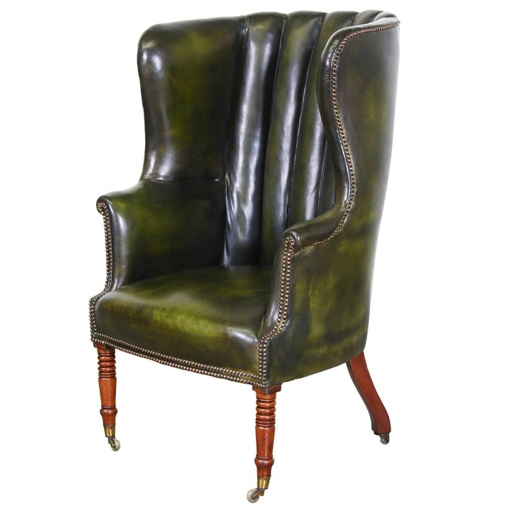 Vintage Green Leather High Back Wing Chair