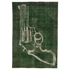 Vintage Persian Tabriz Overdyed Green Rug with Pistol Design 10