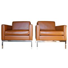 Soft Tan Leather Modern Arm Chairs by Nicos Zographos 