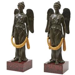 Pair of French Empire Bronze, Ormolu & Marble Winged Female Figures, circa 1815