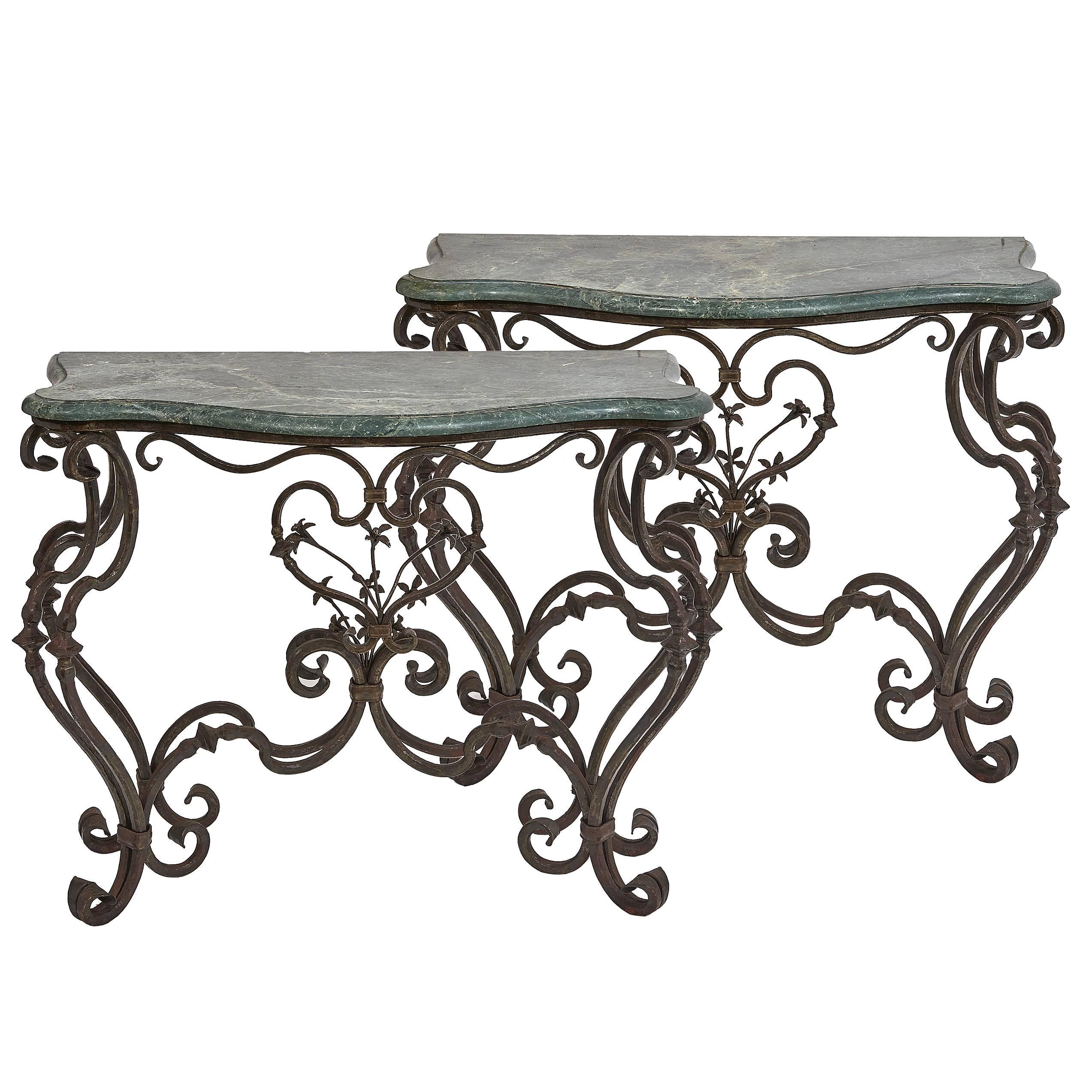Pair of Italian Rococo Style Wrought Iron Console Tables, circa 1900