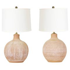 Midcentury Incised Ceramic Table Lamps Signed Brown