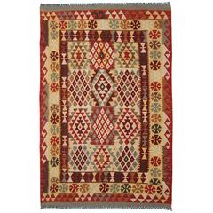 Afghan Kilim Rugs Red and Gold with Geometric Designs
