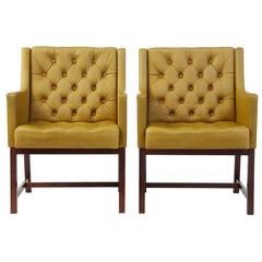 Vintage Pair of Danish 1960s Button-Back Leather Armchairs