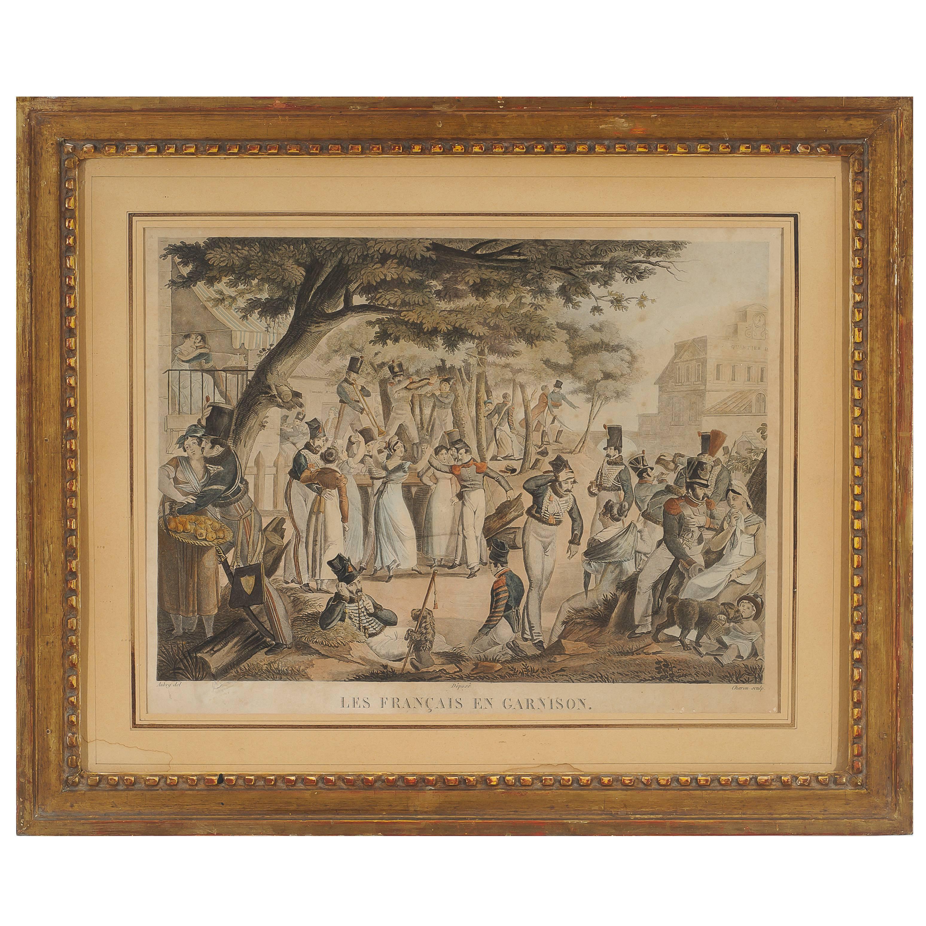 Gravur „Les Francais en Garnison“ aus der Zeit des Schranks in vergoldetem Rahmen