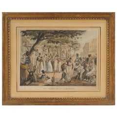 Antique Directoire Period Engraving "Les Francais en Garnison" in Gilded Frame