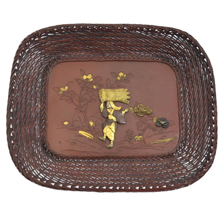Chinese Decorative Metal Basket Weave Tray with Mixed Metals at 1stDibs