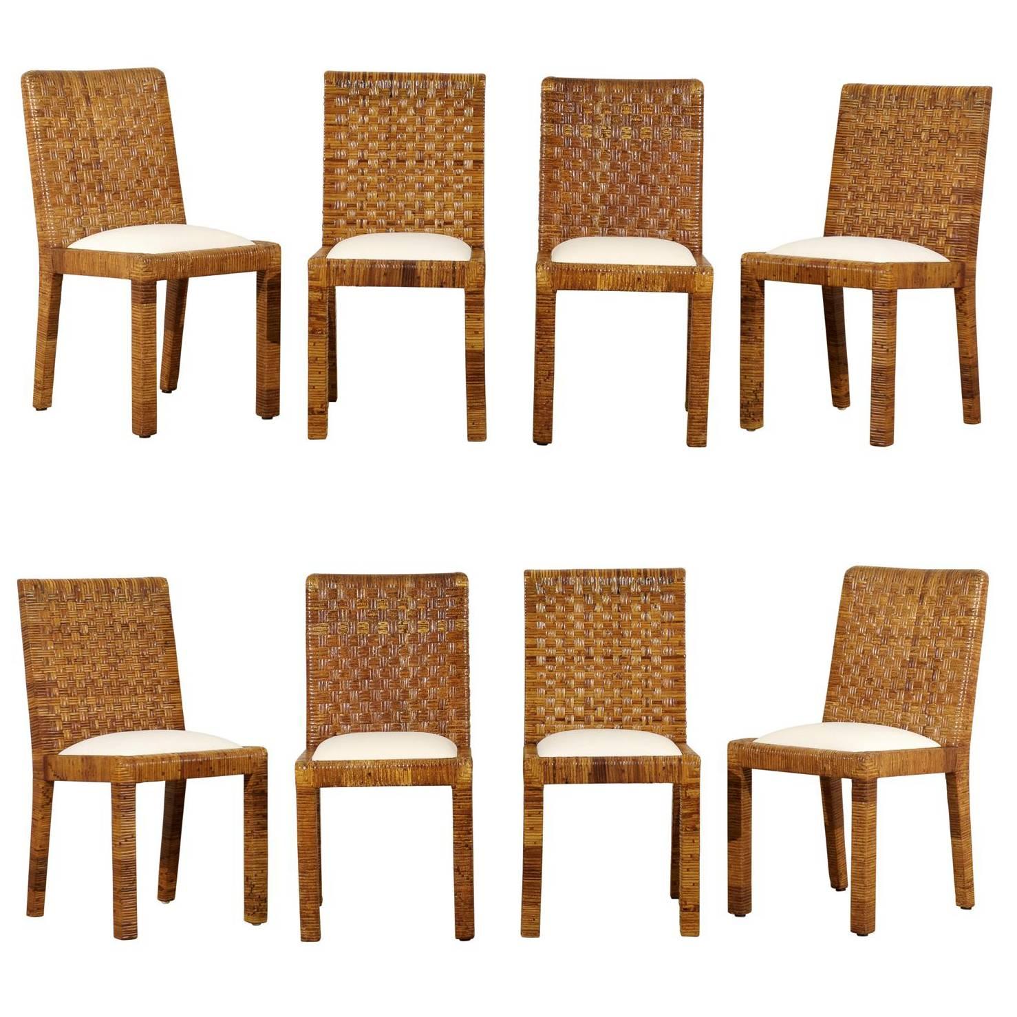 Restored Set of Eight Vintage Rattan Dining Chairs by Bielecky Brothers