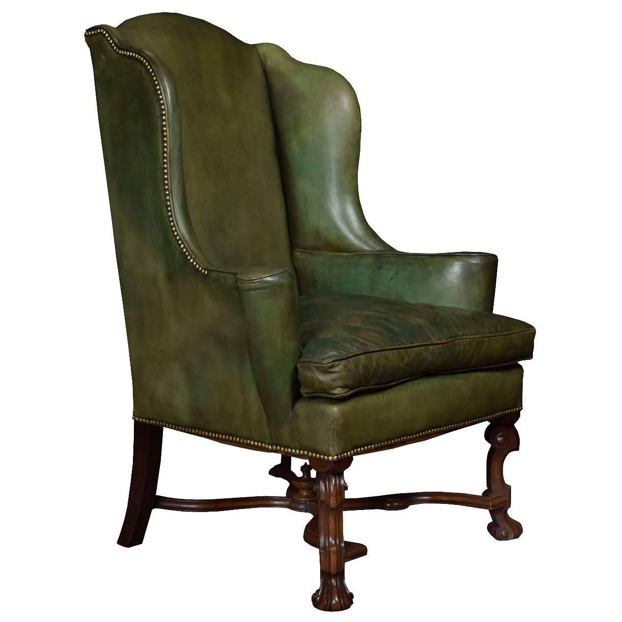William and Mary Style Leather Upholstered Wingback Armchair 