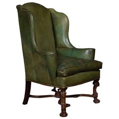 William and Mary Style Leather Upholstered Wingback Armchair