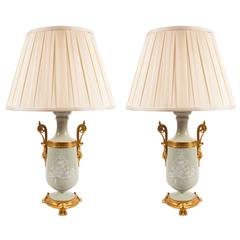 Pair of Ormolu Mounted Celadon Pâte-sur-Pâte Lamps
