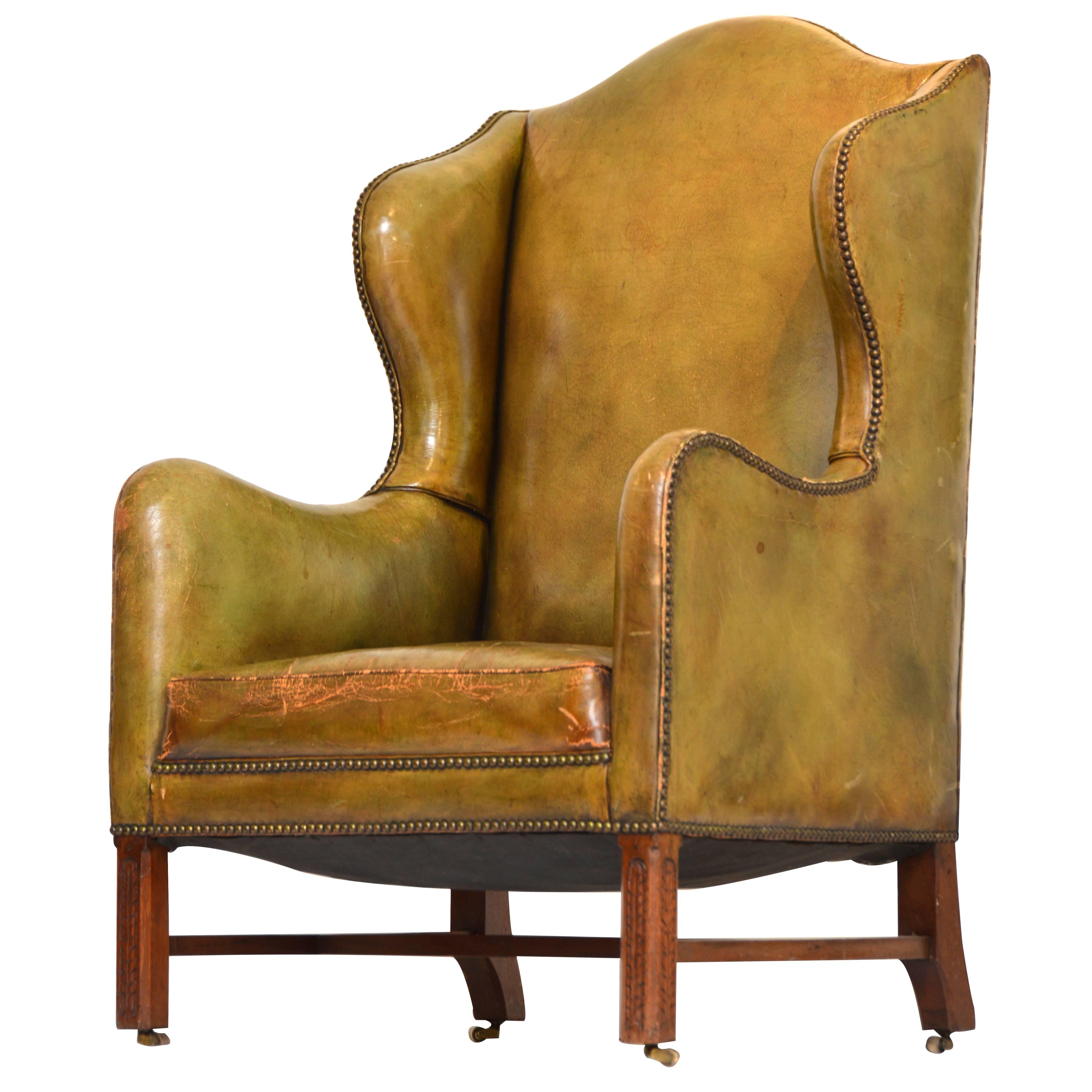 Vintage Green Leather Wing Chair For Sale