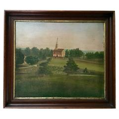 Great Folk Art Painting 19th Century of a Church with Cemetery
