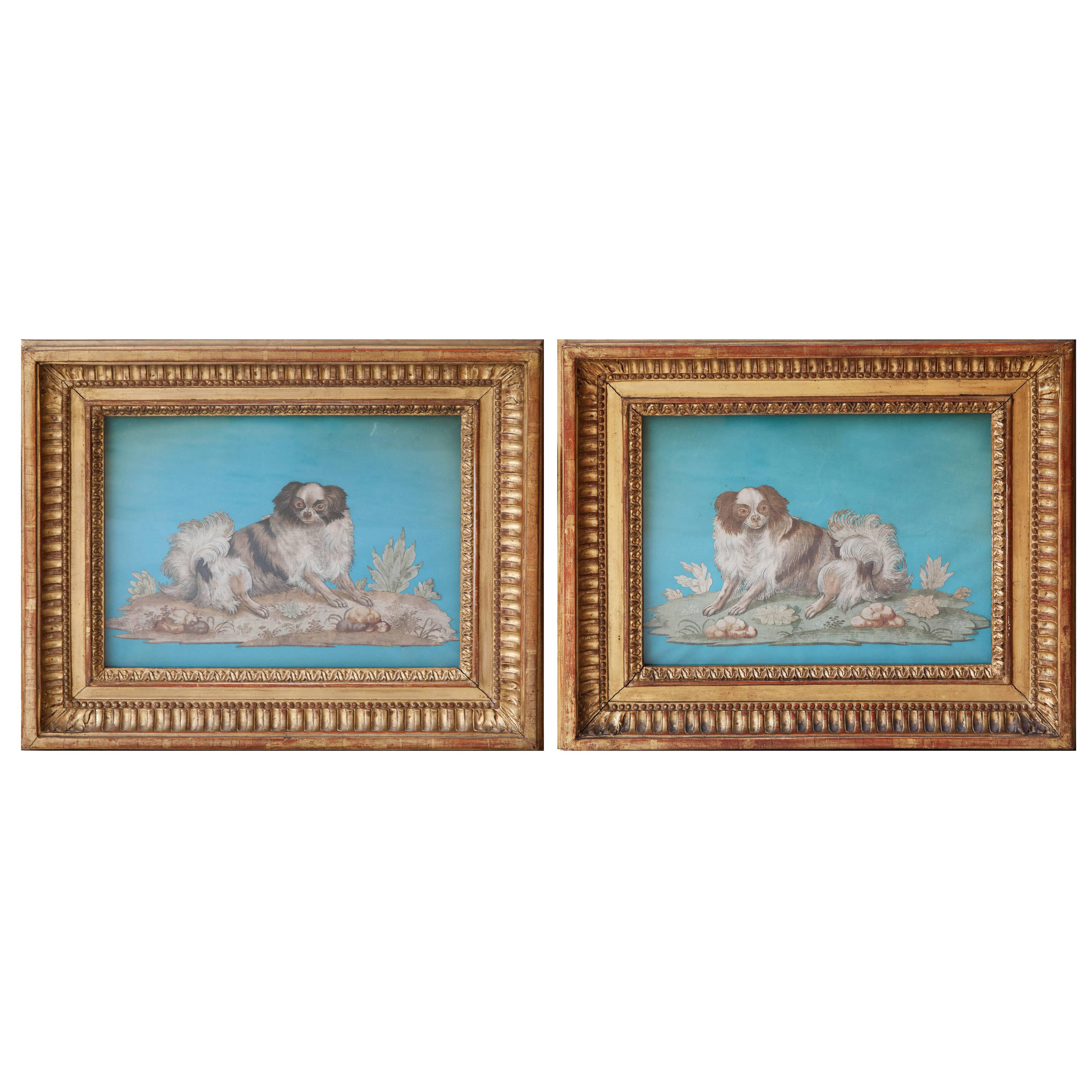  Pair of 18th Century Silkwork Collages of Cavalier King Charles Spaniels