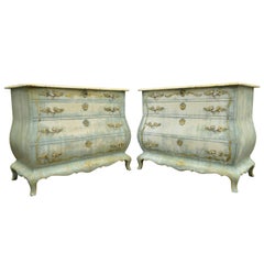Pair of Custom Blue Distress Painted French Louis XV Style Bombe Commodes Chests