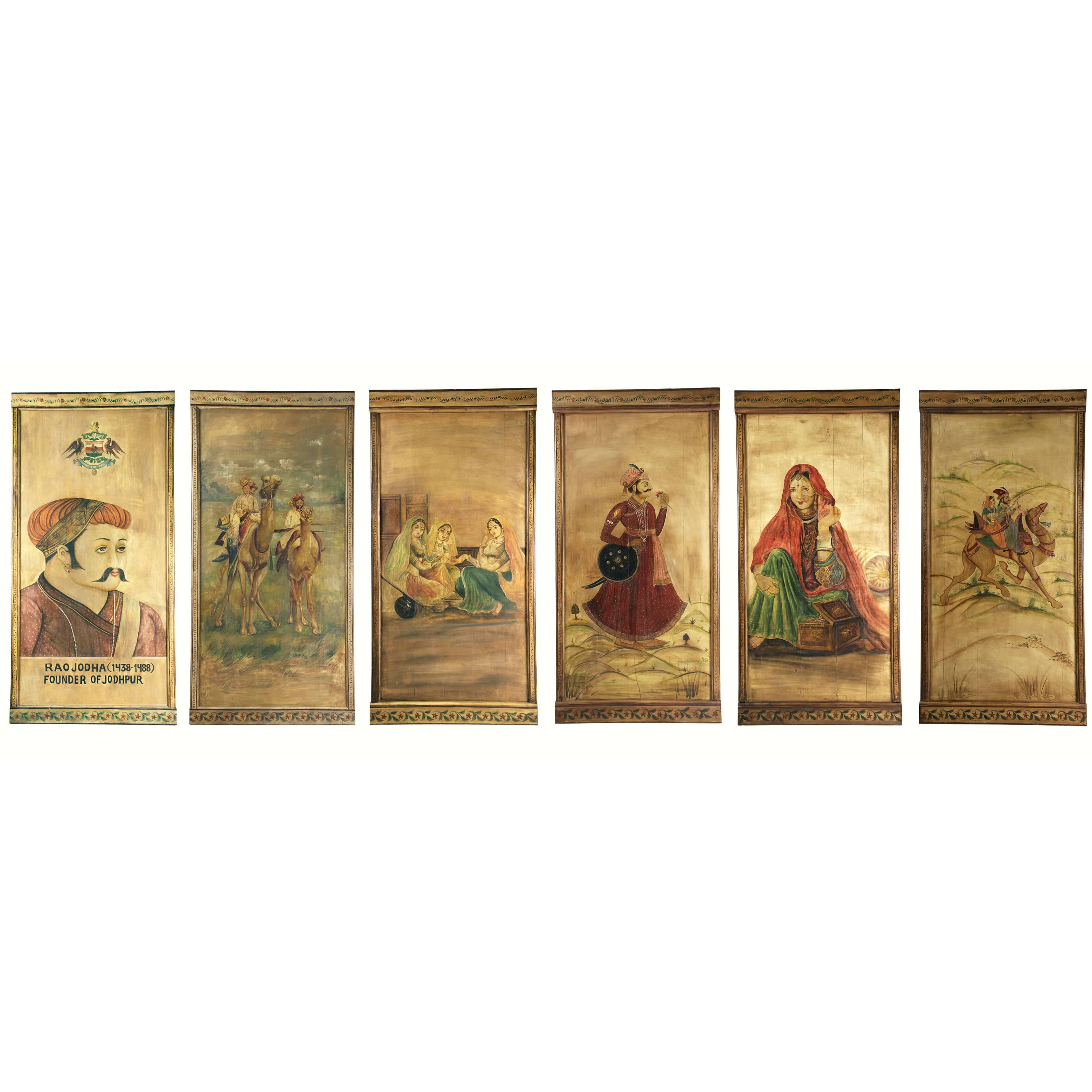 Six Decorative Lacquered Panels with Hindu Paintings, circa 1920-1930