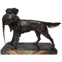 19th Century French Hunting Dog, Bronze on Marble Base Holding His Prey