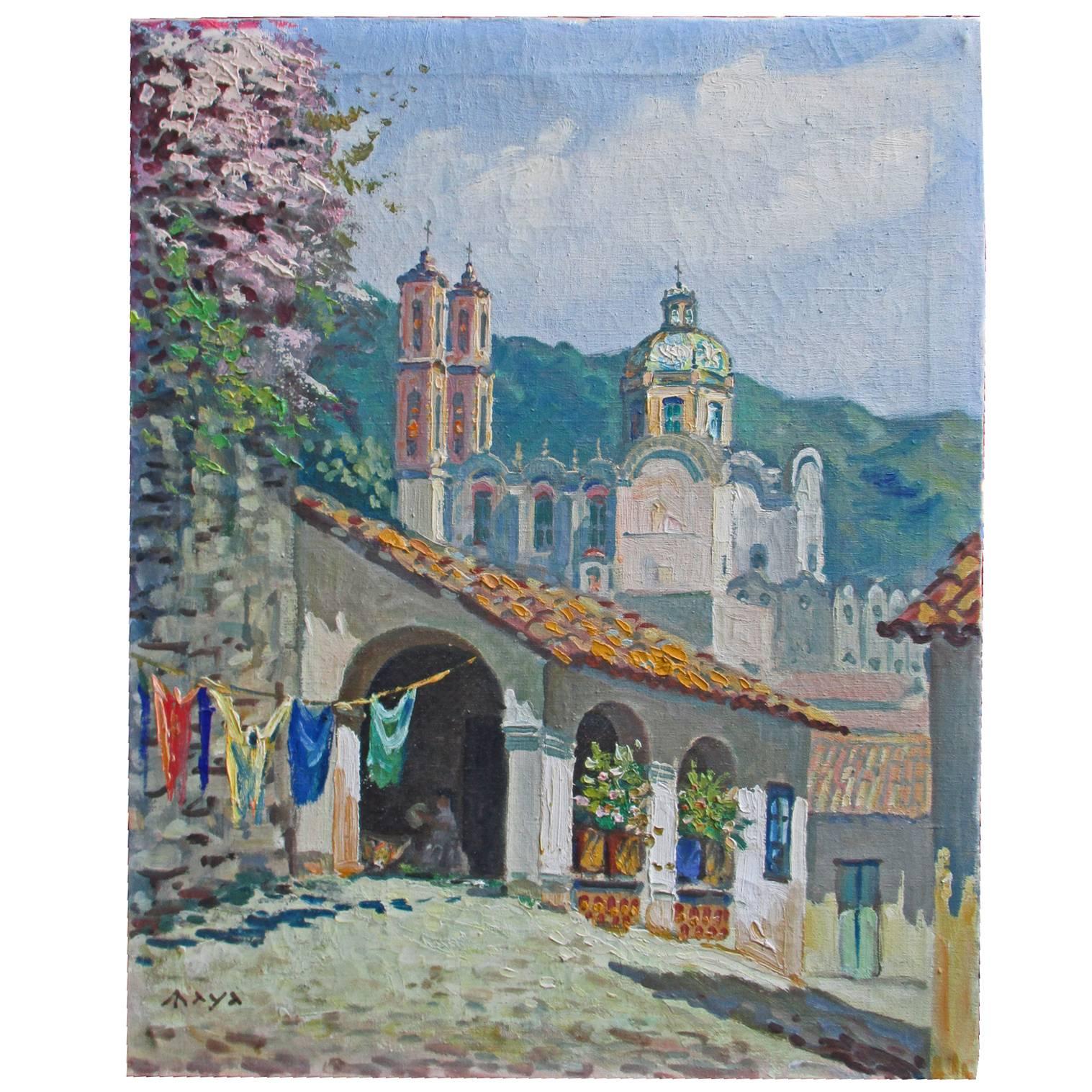 Oil of the Church of Santa Prisca in Taxco, Mexico, 1930s, Signed MAYA For Sale