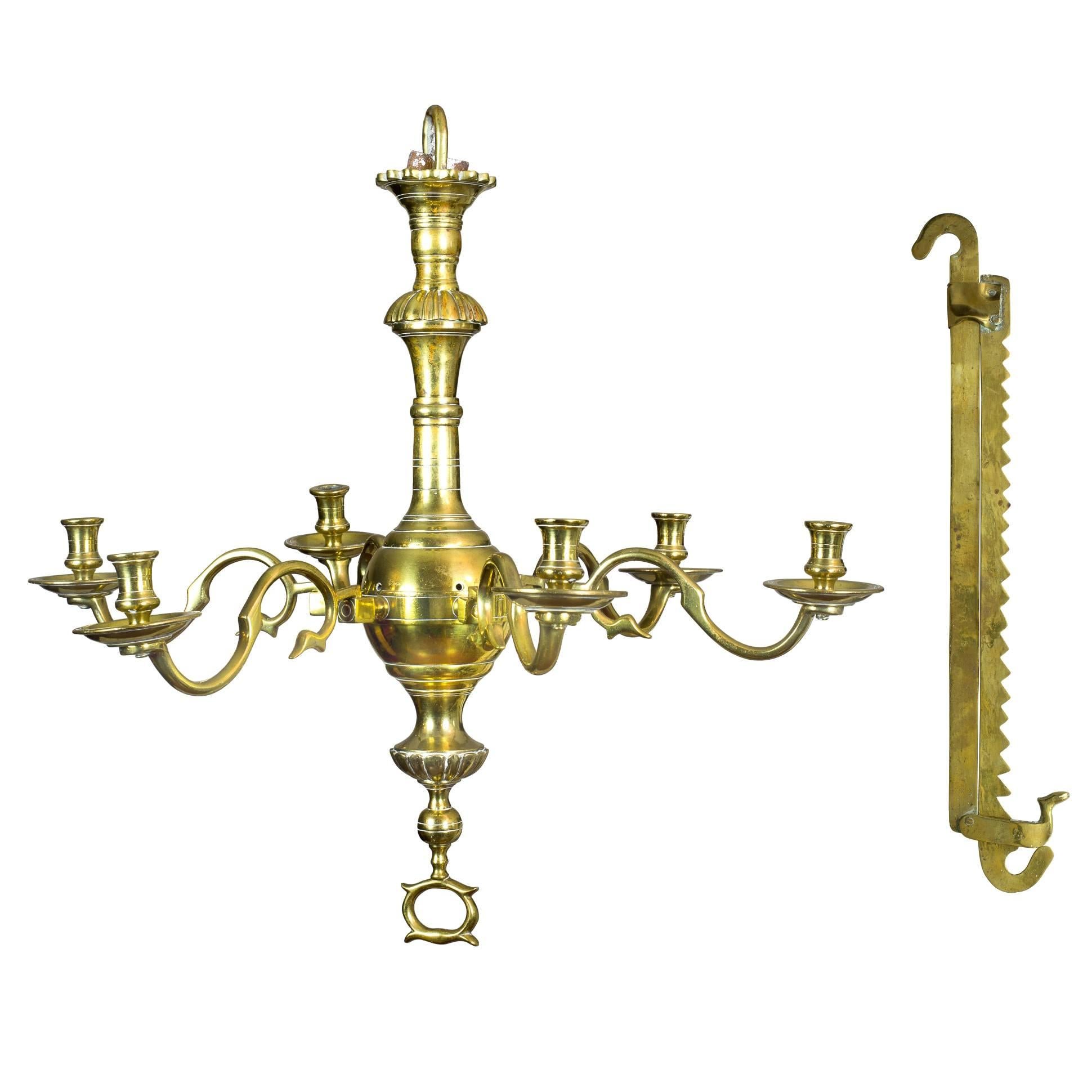 Fine Classic Six-Light English Brass Chandelier with Trammel, Both, circa 1750 For Sale
