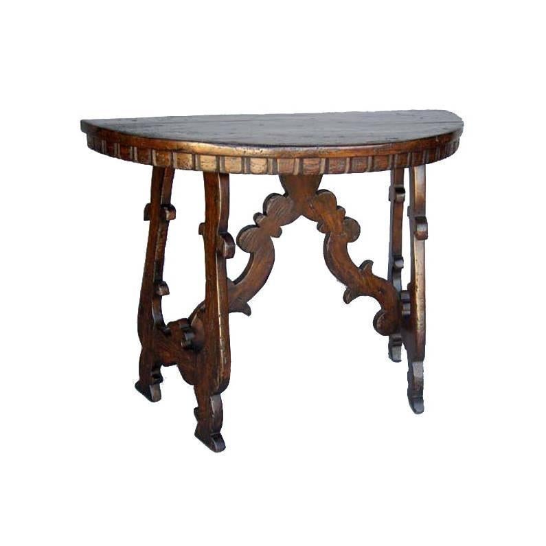 Custom Wood Demi Lune Table With Lyre Leg Base And Dental Molding by Dos Gallos