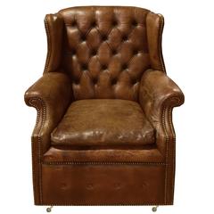 Antique Italian Tufted Leather Wing Chair