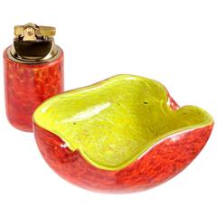 Fratelli Toso Murano Yellow Orange Italian Art Glass Bowl Ashtray Lighter Set