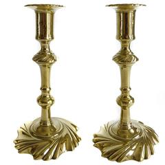Rare Pair of English Brass Swirl Base Candlesticks, circa 1765