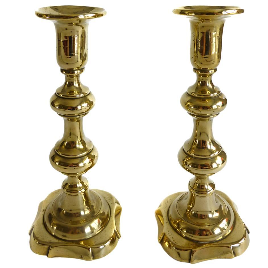 Pair of English Brass Chippendale Candlesticks, circa 1790
