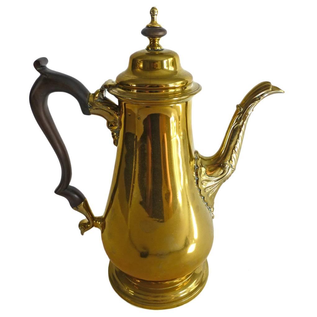 Exceptional Brass “Silver Form” English Coffee Pot with Pseudo Marks, 1755 For Sale