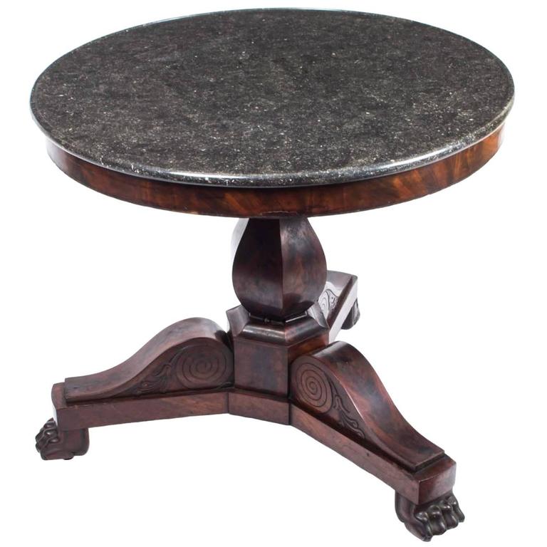 Antique Walnut Burl Wood MarbleTop Pedestal Table with Ebonized Trim
