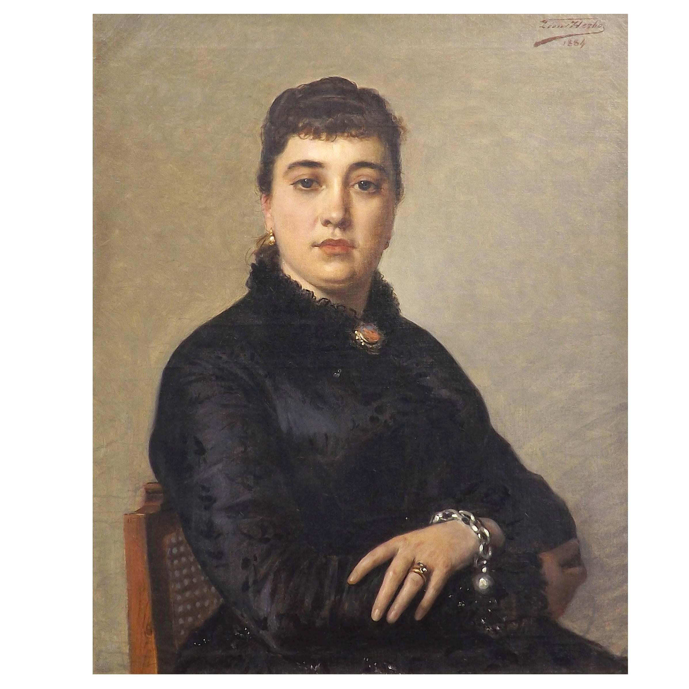Léon Herbo "Lady in Black" Oil on Canvas, 1884 For Sale