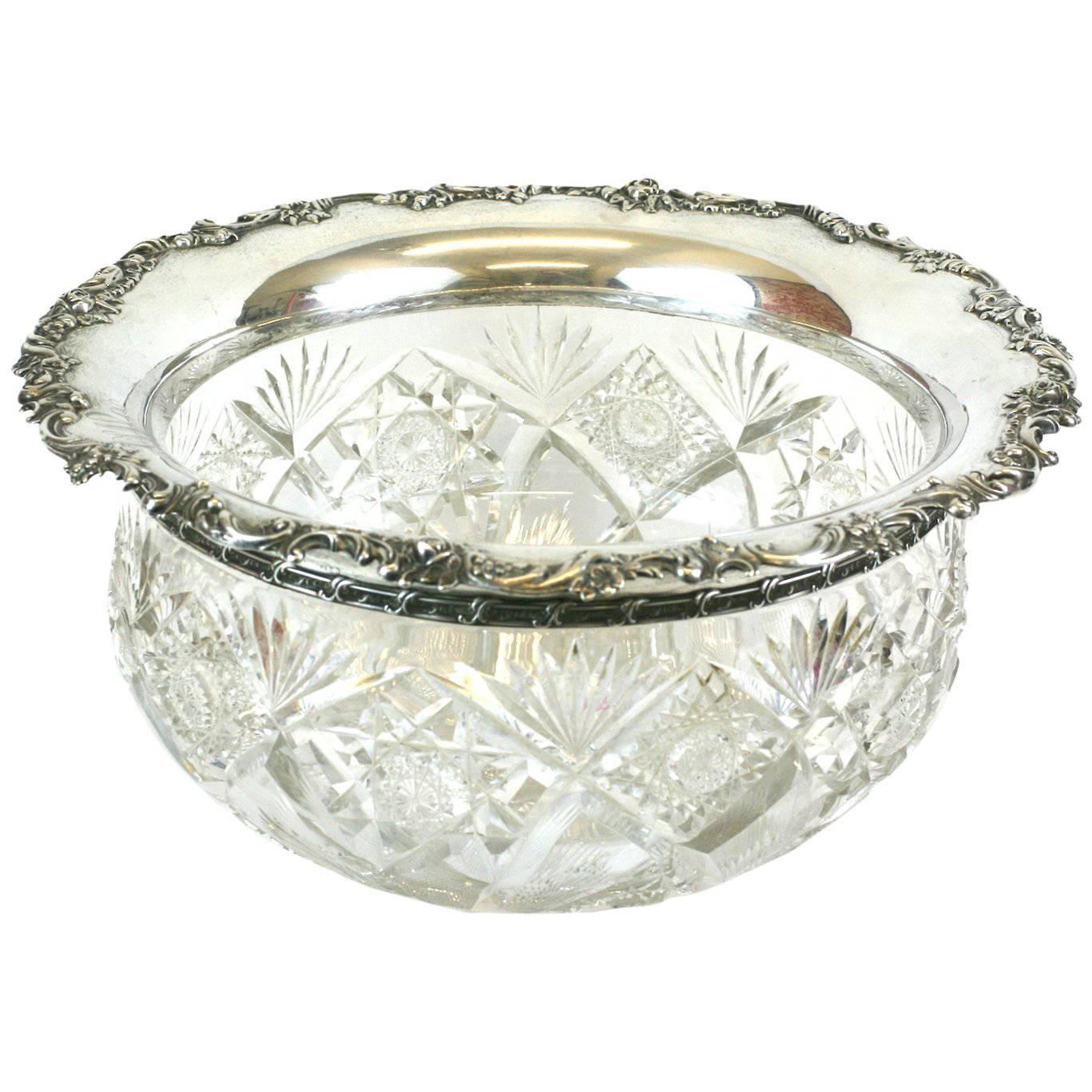 Large Victorian Crystal Punch Bowl with Sterling Lip For Sale