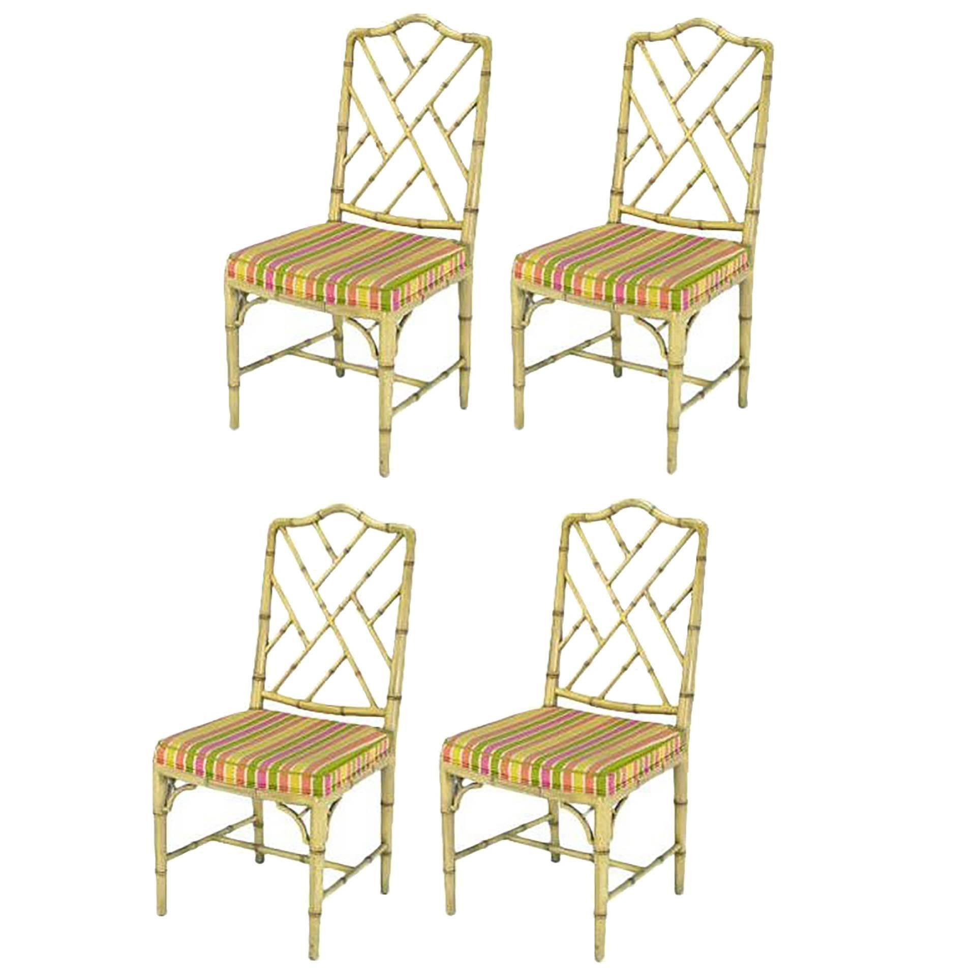 Four Kindel Ivory Lacquer Chinese Chippendale Dining Chairs For Sale