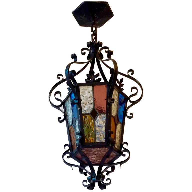Lantern Chandelier with Stained Glass For Sale