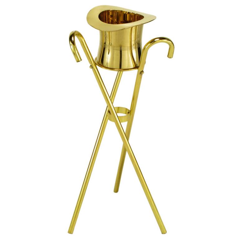 Brass Top Hat Champagne Cooler on Brass Cane Tripod Stand For Sale at