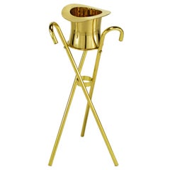 Retro Brass Top Hat Champagne Cooler on Brass Cane Tripod Stand