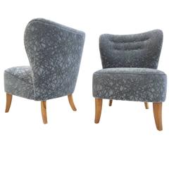 Pair of 1950s Tijsseling Chairs in Geometric Grey Velvet De Ploeg Fabric