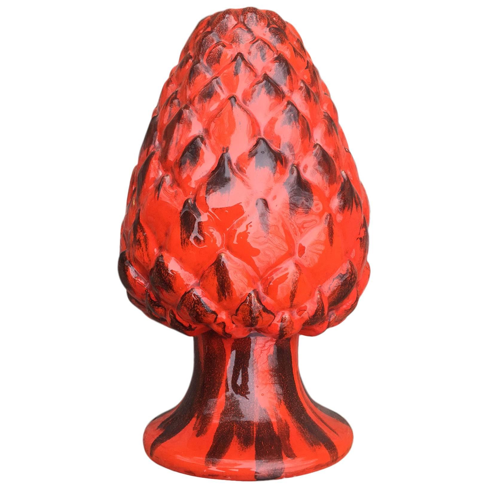 Mid-Century Big Italy Red Orange Pineapple Ceramic Vase Center Piece 