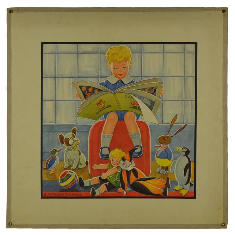 Vintage Educational School Poster 1930s with Bulldog and Toys at 1stdibs