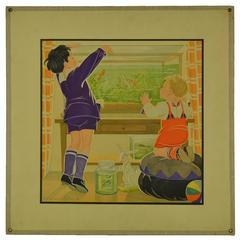 Vintage Educational School Poster 1930s, Feeding the Fish 4