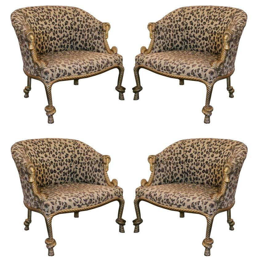 Pair of Gilded Leopard Print Rope & Tassel Chairs