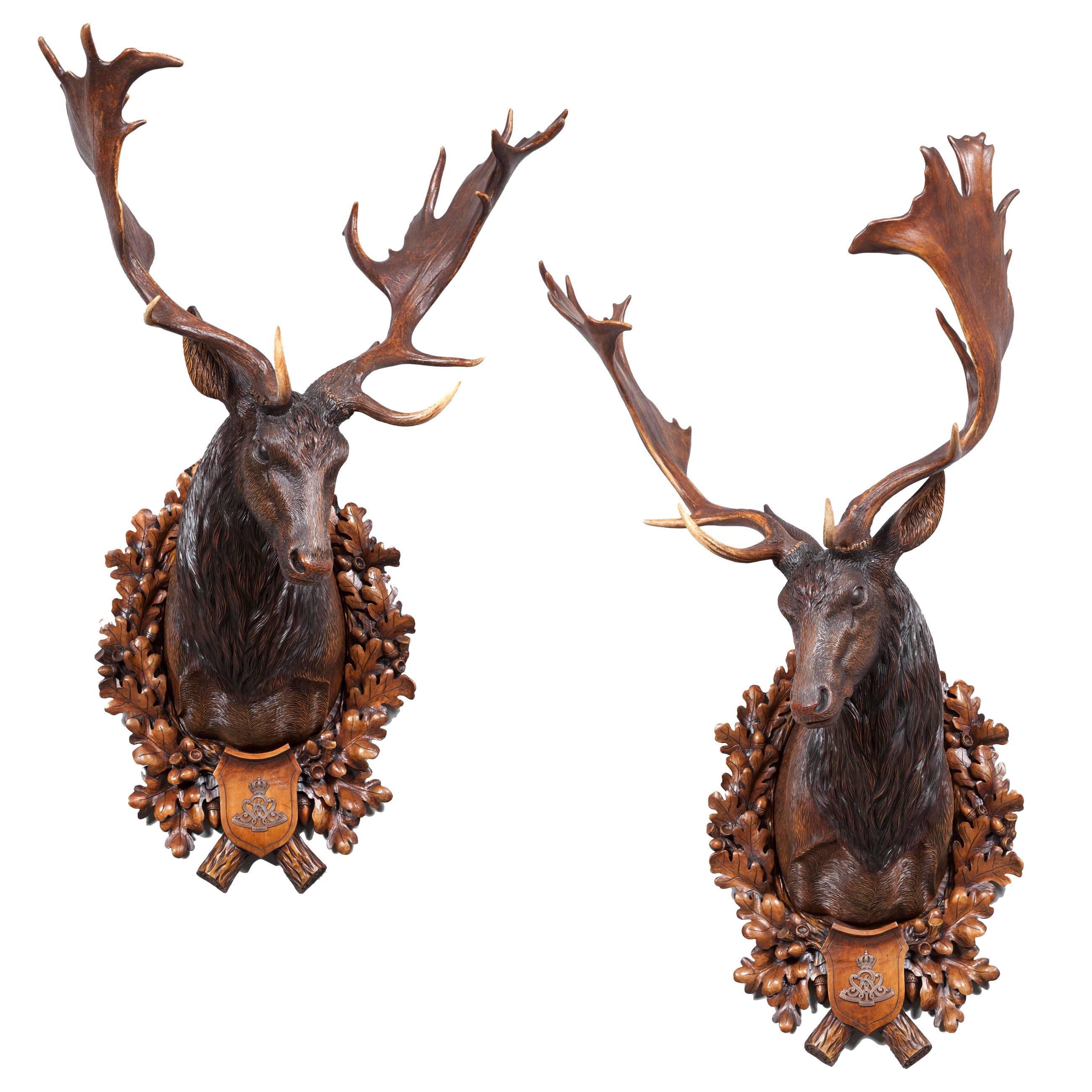 Hand-Carved Fallow Deer Pair Originating from Eckartsau Castle, Austria